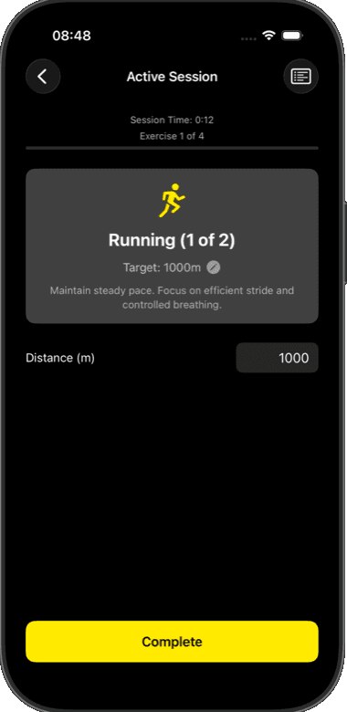 Active Session screen mid-workout on a running exercise, with the Complete button visible