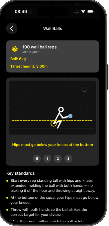 Wall Balls station rules screen with the animated demo paused on the callout that hips must go below the knees